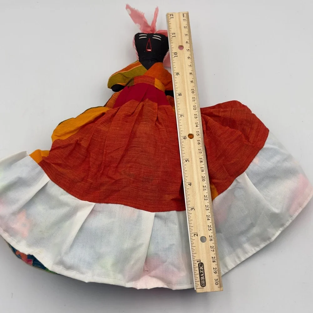 Vintage Handmade‎ Topsy Turvy Reversible Cloth Doll Floral Orange Folk Art 11